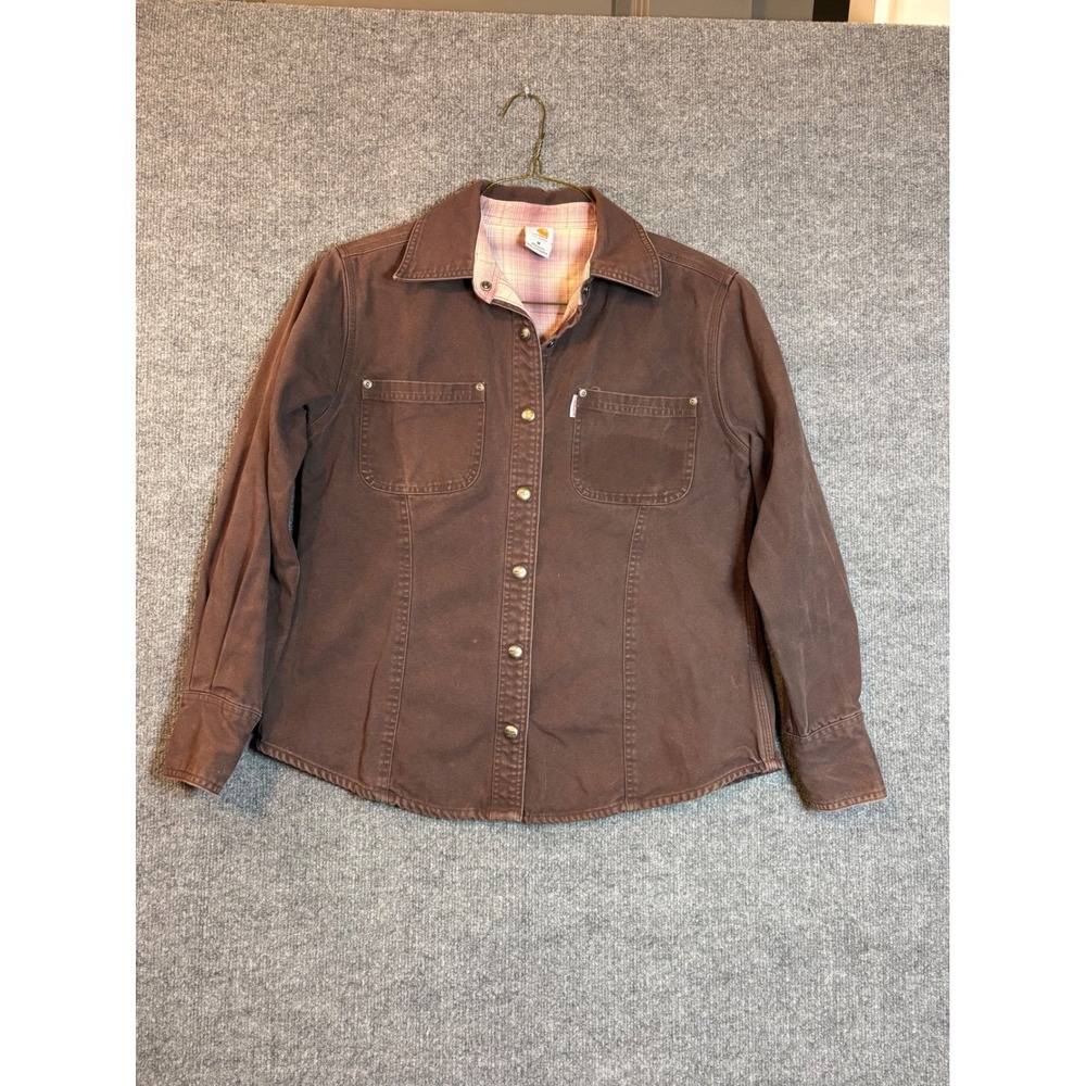 Vintage Carhartt Women Brown Canvas Flannel Lined Snap Front Shirt Jacket Medium